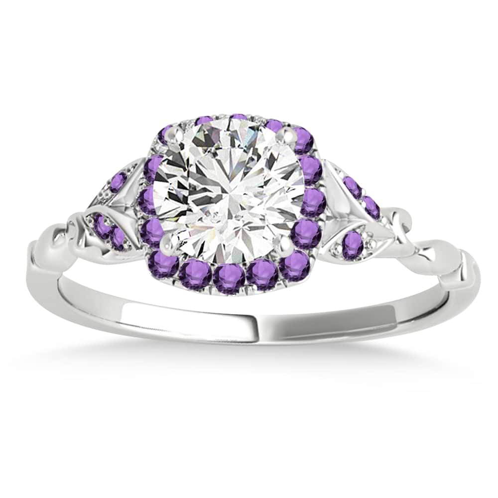 Amethyst Butterfly Halo Engagement Ring 14k White Gold (0.14ct)