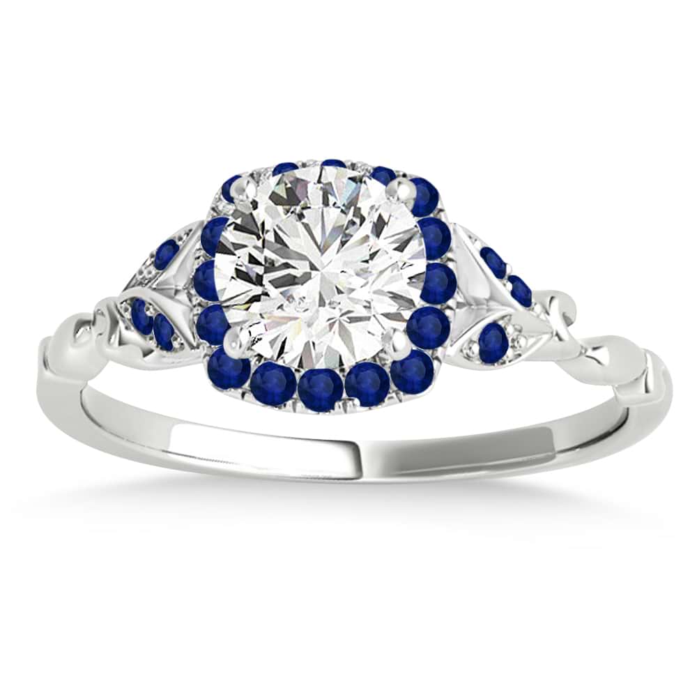 Blue Sapphire Butterfly Halo Engagement Ring 18k White Gold (0.14ct)