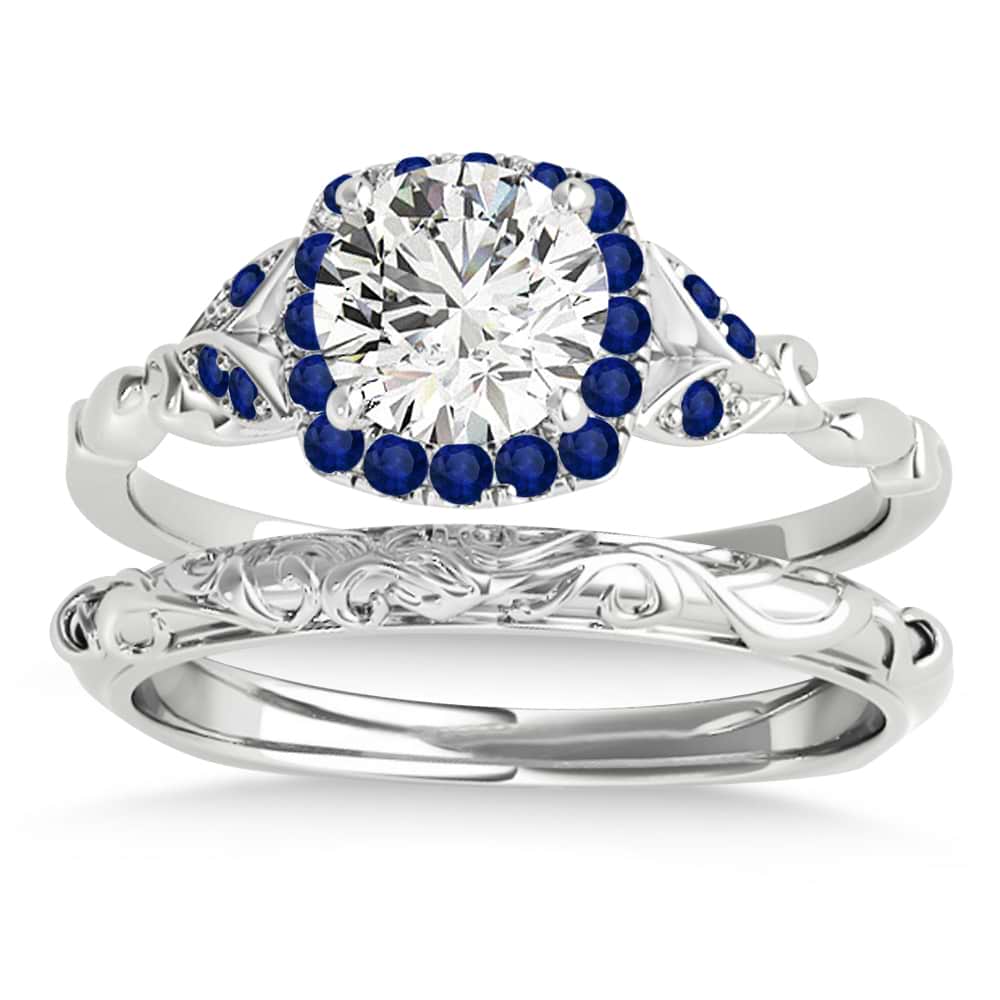 Blue Sapphire Butterfly Halo Bridal Set 18k White Gold (0.14ct)