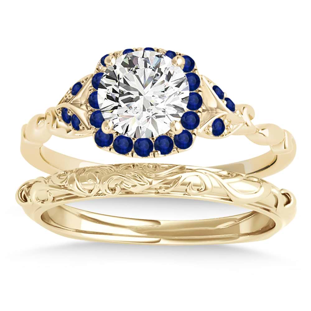 Blue Sapphire Butterfly Halo Bridal Set 18k Yellow Gold (0.14ct)