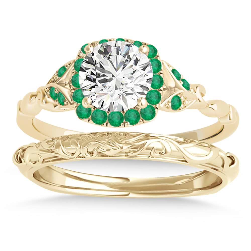 Emerald Butterfly Halo Bridal Set 14k Yellow Gold (0.14ct)