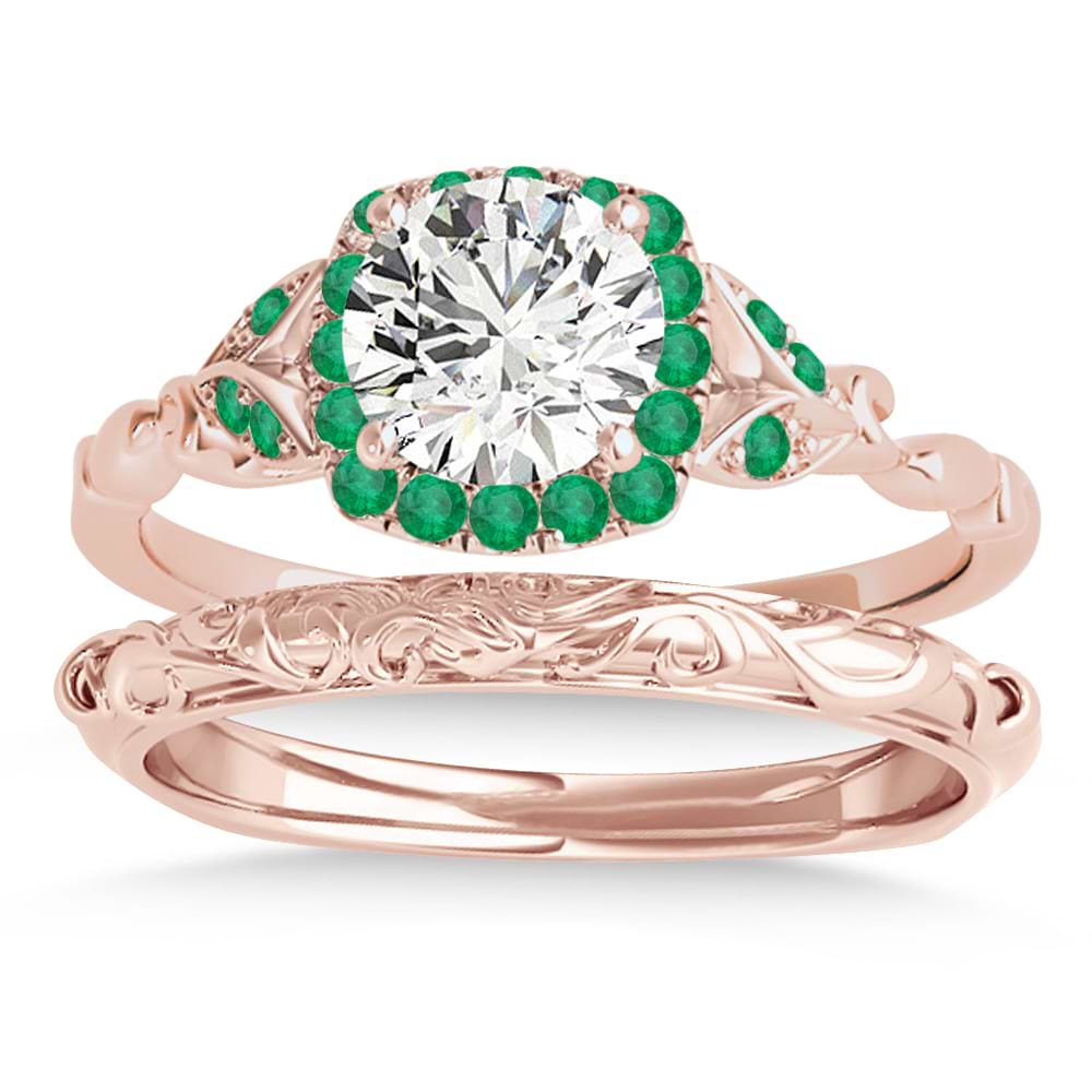 Emerald Butterfly Halo Bridal Set 18k Rose Gold (0.14ct)