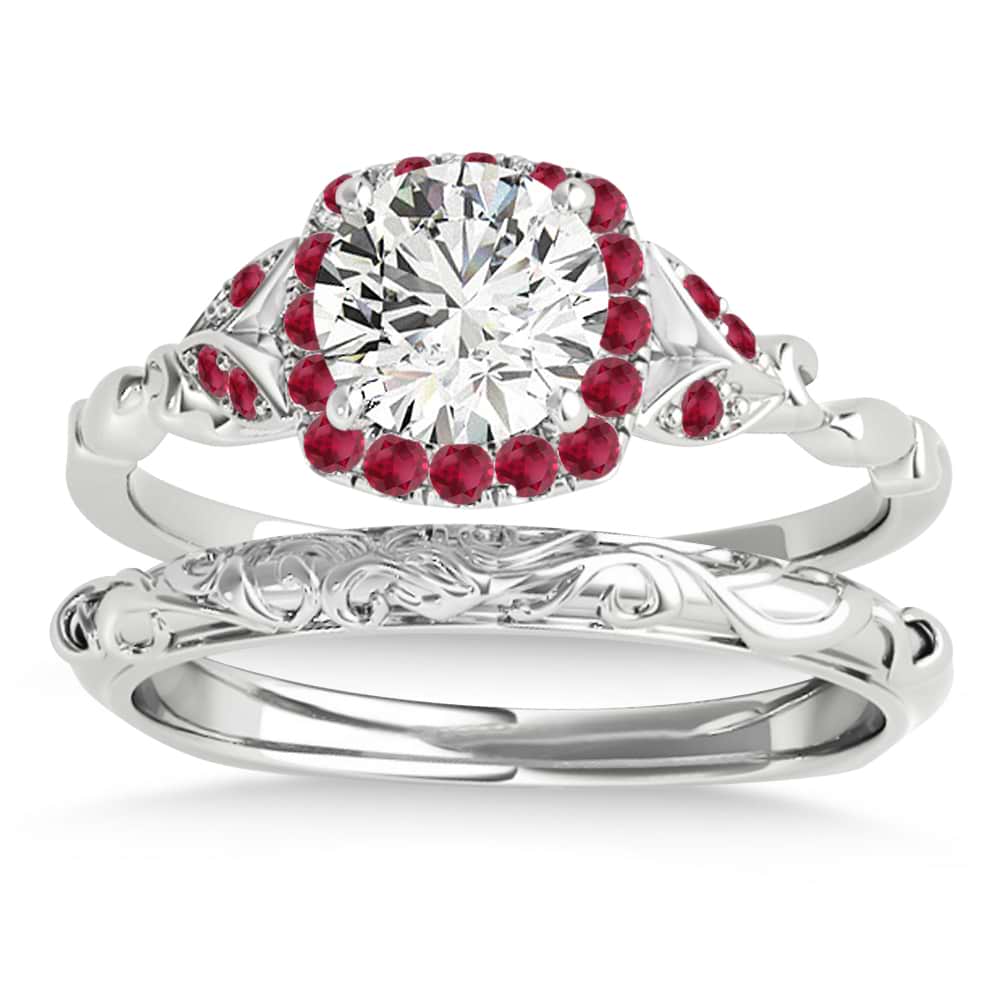 Ruby Accented Butterfly Halo Bridal Set 18k White Gold (0.14ct)