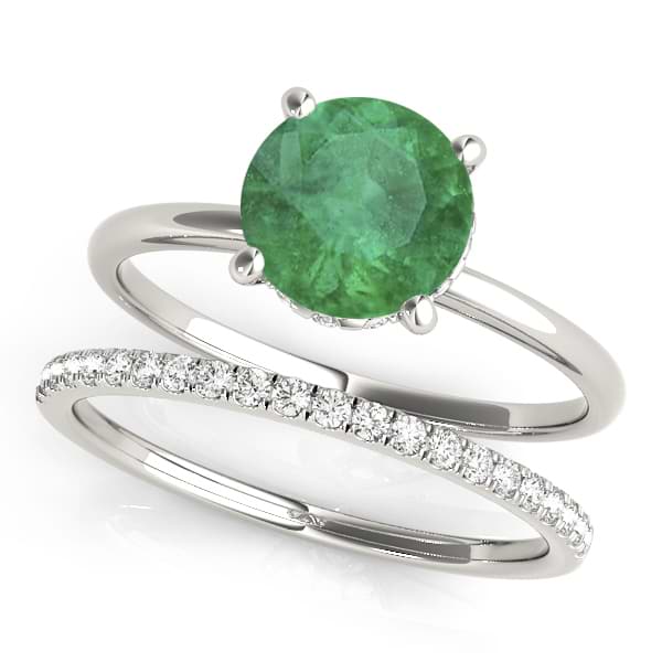 Emerald & Diamond Solitaire Bridal Set 14k White Gold (1.20ct)
