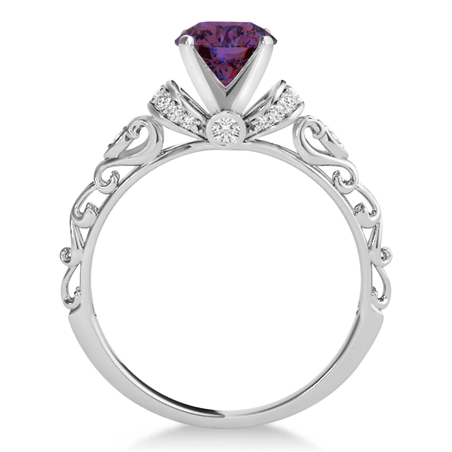 Lab Alexandrite & Diamond Antique Style Engagement Ring 18k White Gold (0.87ct)