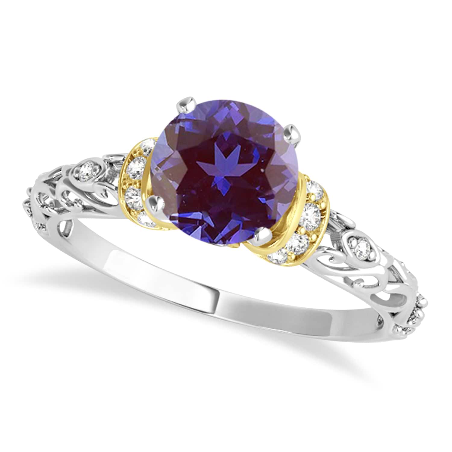 Lab Alexandrite & Diamond Antique Style Engagement Ring 18k Two-Tone Gold (0.87ct)