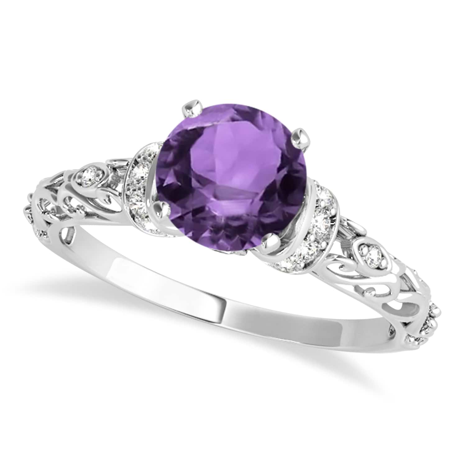 Amethyst & Diamond Antique Style Engagement Ring 14k White Gold (0.87ct)