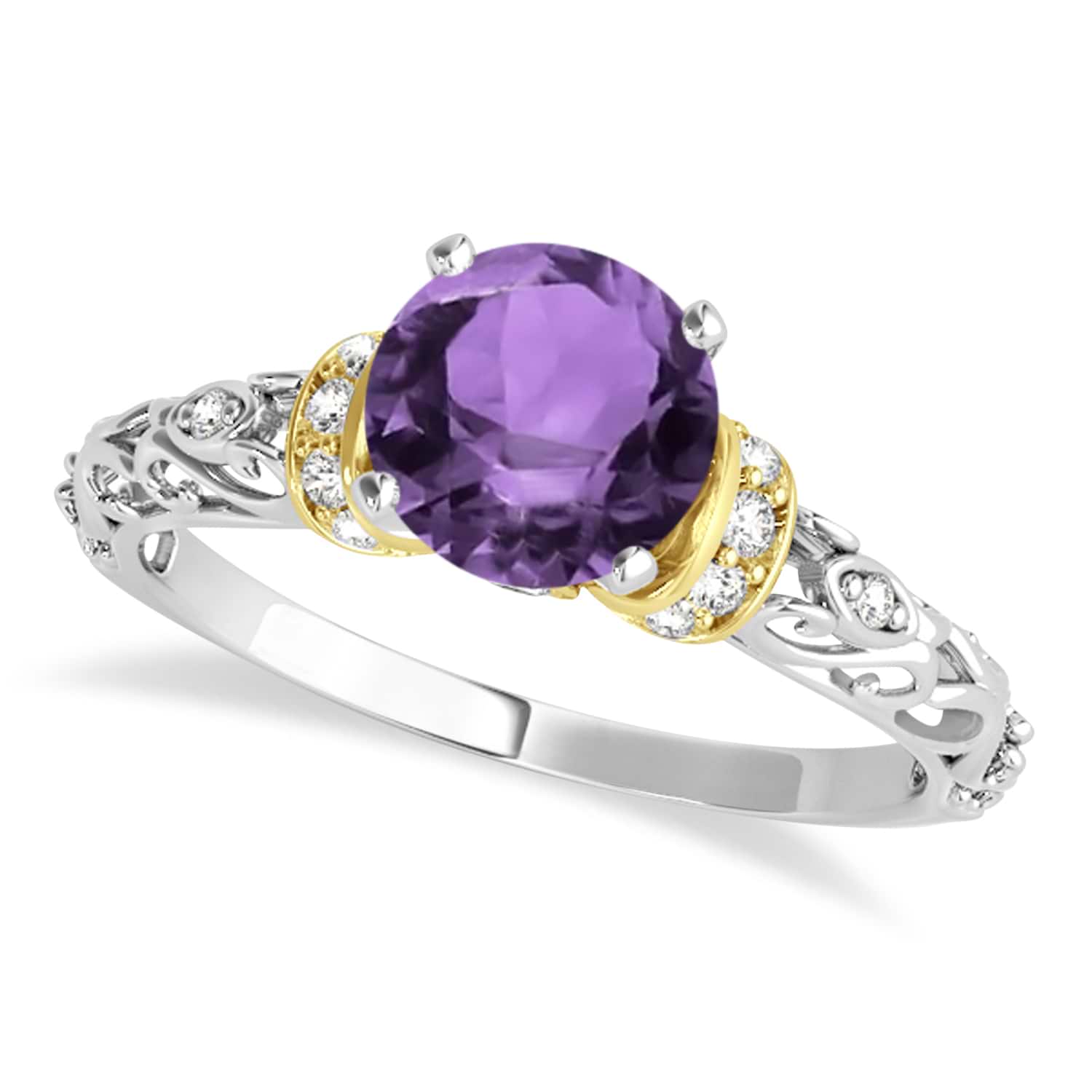 Amethyst & Diamond Antique Style Engagement Ring 14k Two-Tone Gold (0.87ct)