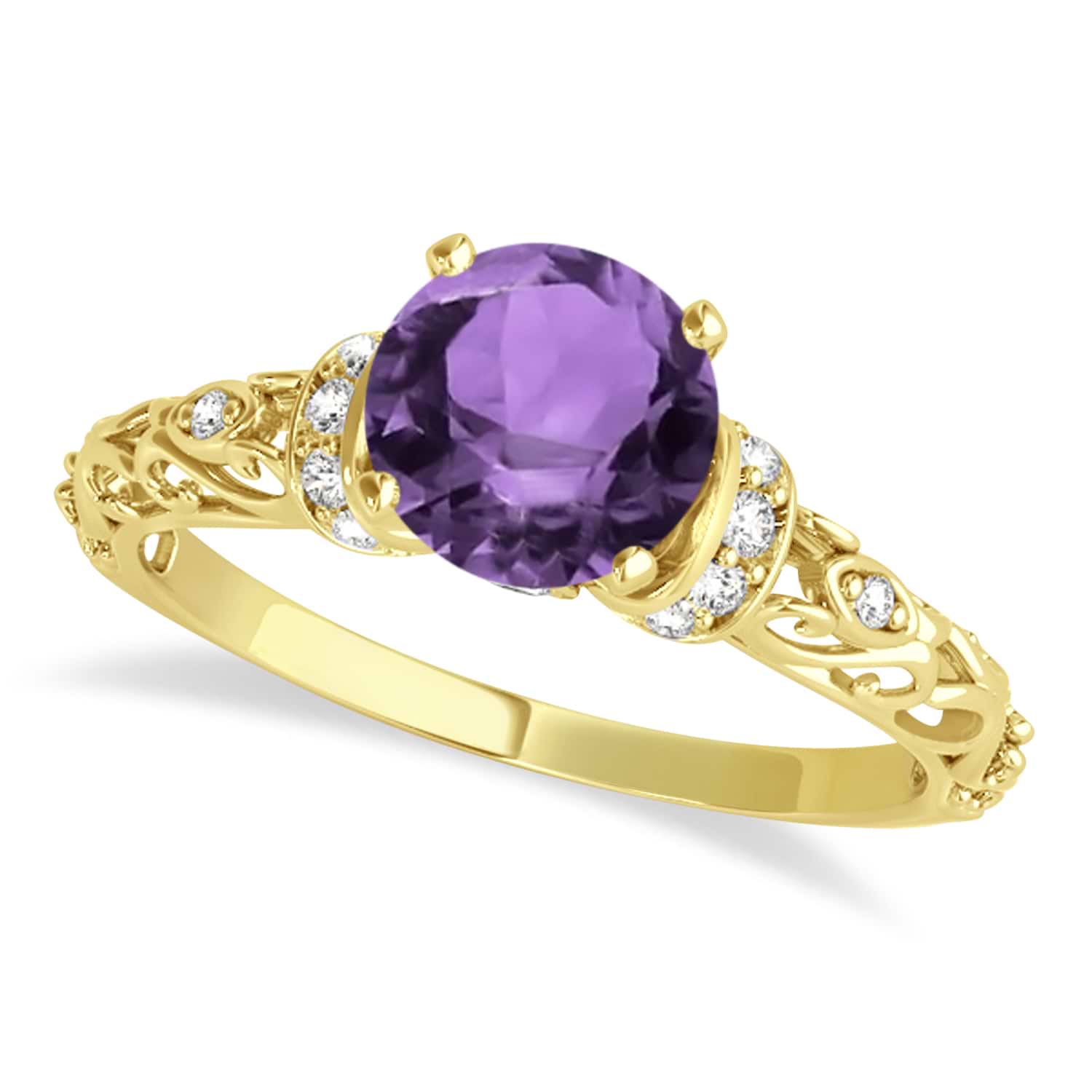 Amethyst & Diamond Antique Style Engagement Ring 18k Yellow Gold .87ct