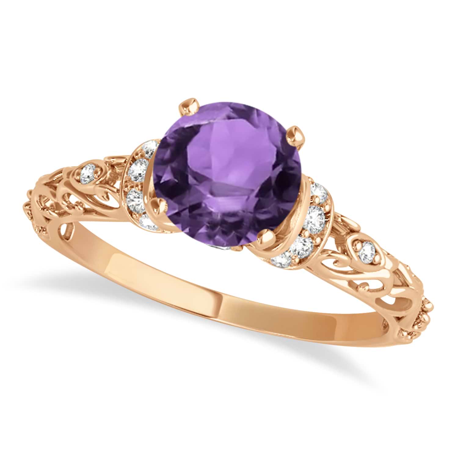 Amethyst & Diamond Antique Style Engagement Ring 14k Rose Gold (1.12ct)