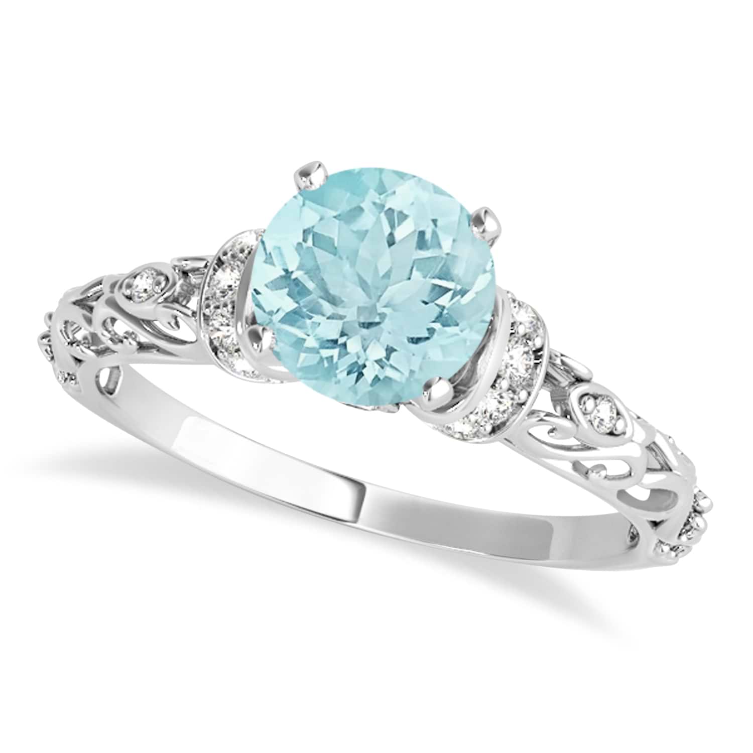 Aquamarine & Diamond Antique Style Engagement Ring 14k White Gold (0.87ct)