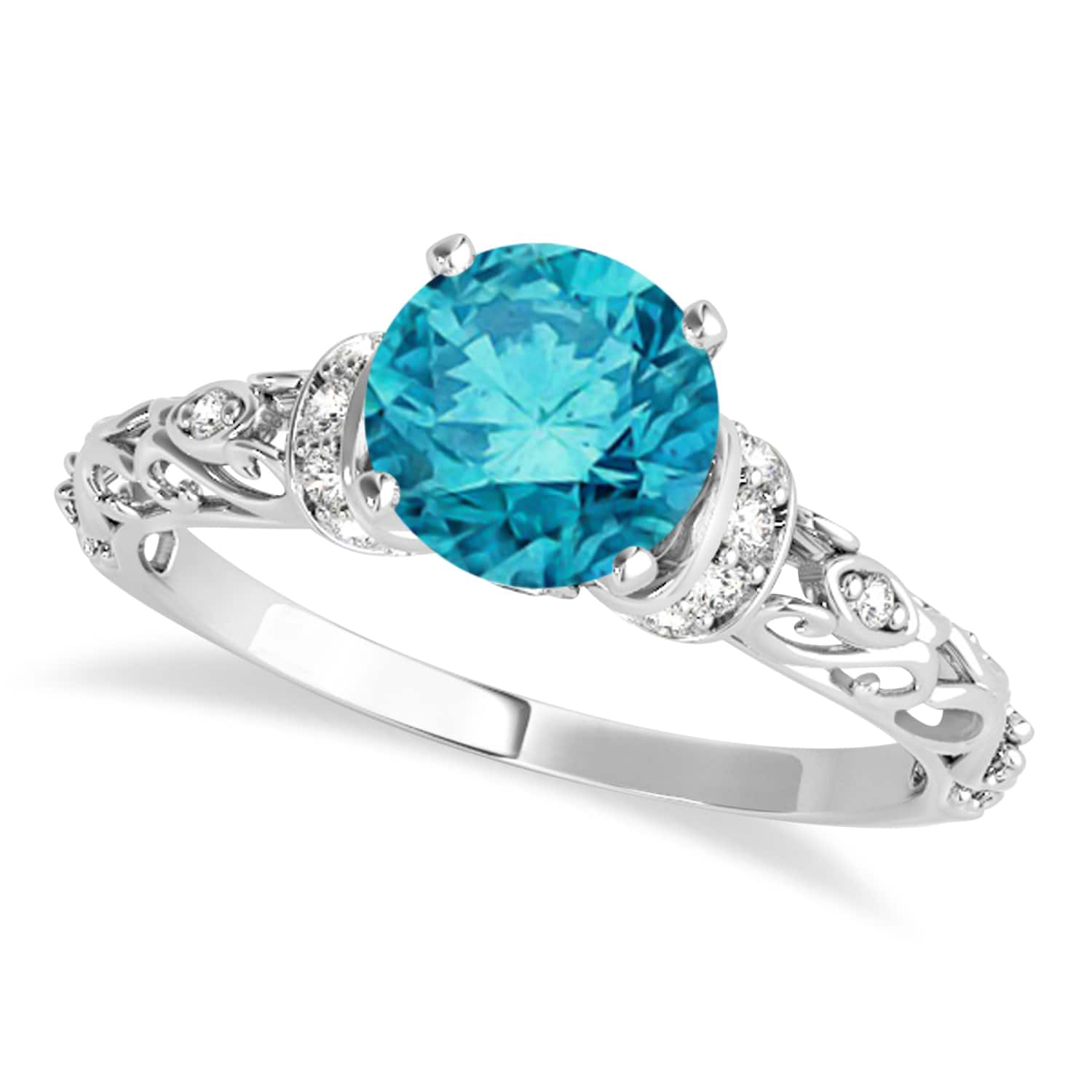 Blue Diamond & Diamond Antique Style Engagement Ring 14k White Gold (0.87ct)
