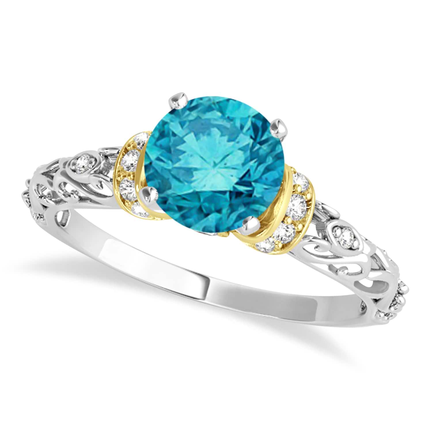Blue Diamond & Diamond Antique Style Engagement Ring 18k Two-Tone Gold (0.87ct)