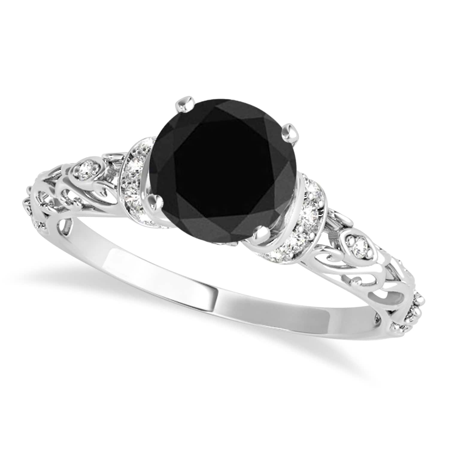 Black Diamond & Diamond Antique Style Engagement Ring 14k White Gold (1.12ct)