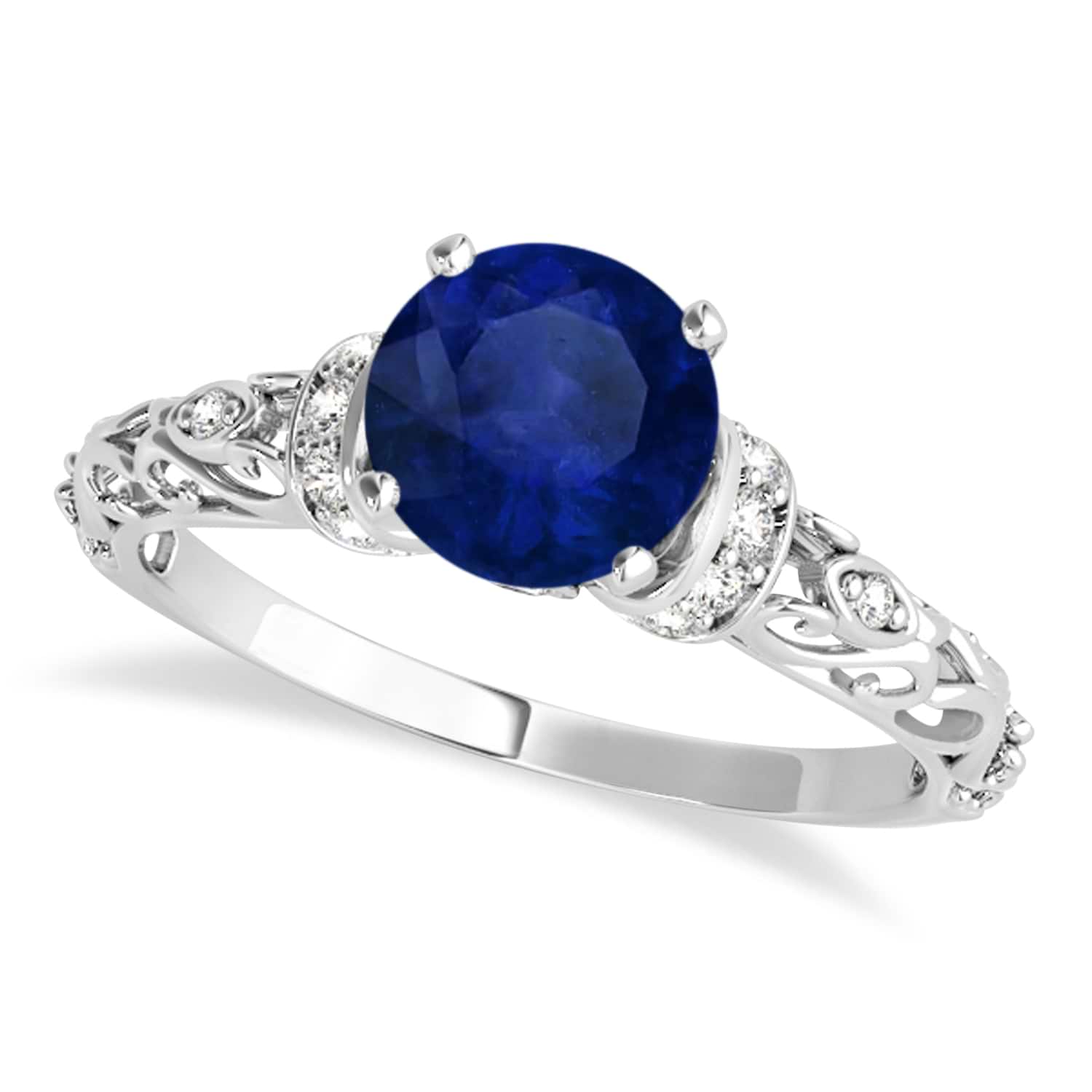 Blue Sapphire & Diamond Antique Style Engagement Ring 14k White Gold (0.87ct)