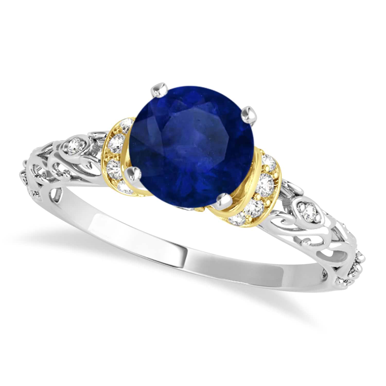 Blue Sapphire & Diamond Antique Style Engagement Ring 14k Two-Tone Gold (0.87ct)