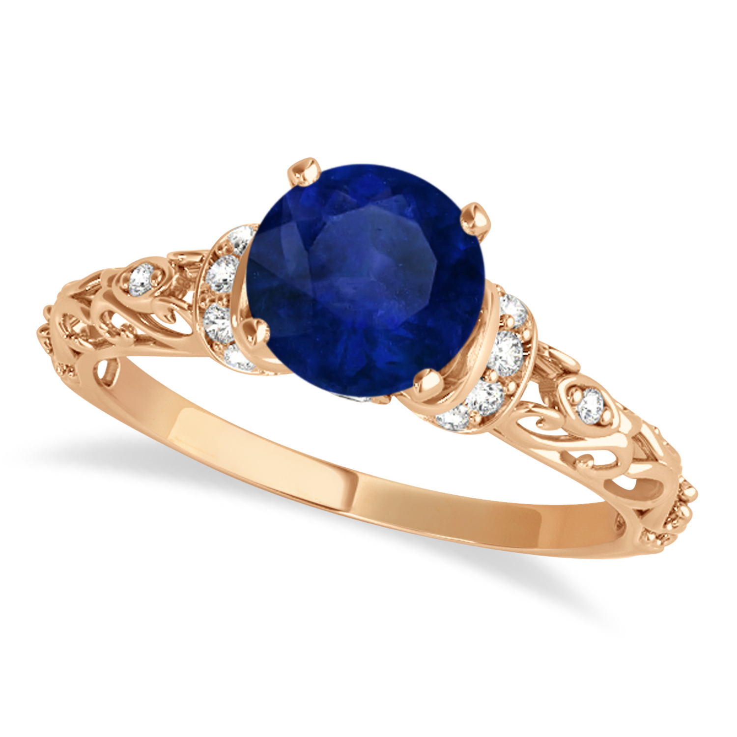 Blue Sapphire & Diamond Antique Style Engagement Ring 18k Rose Gold (0.87ct)