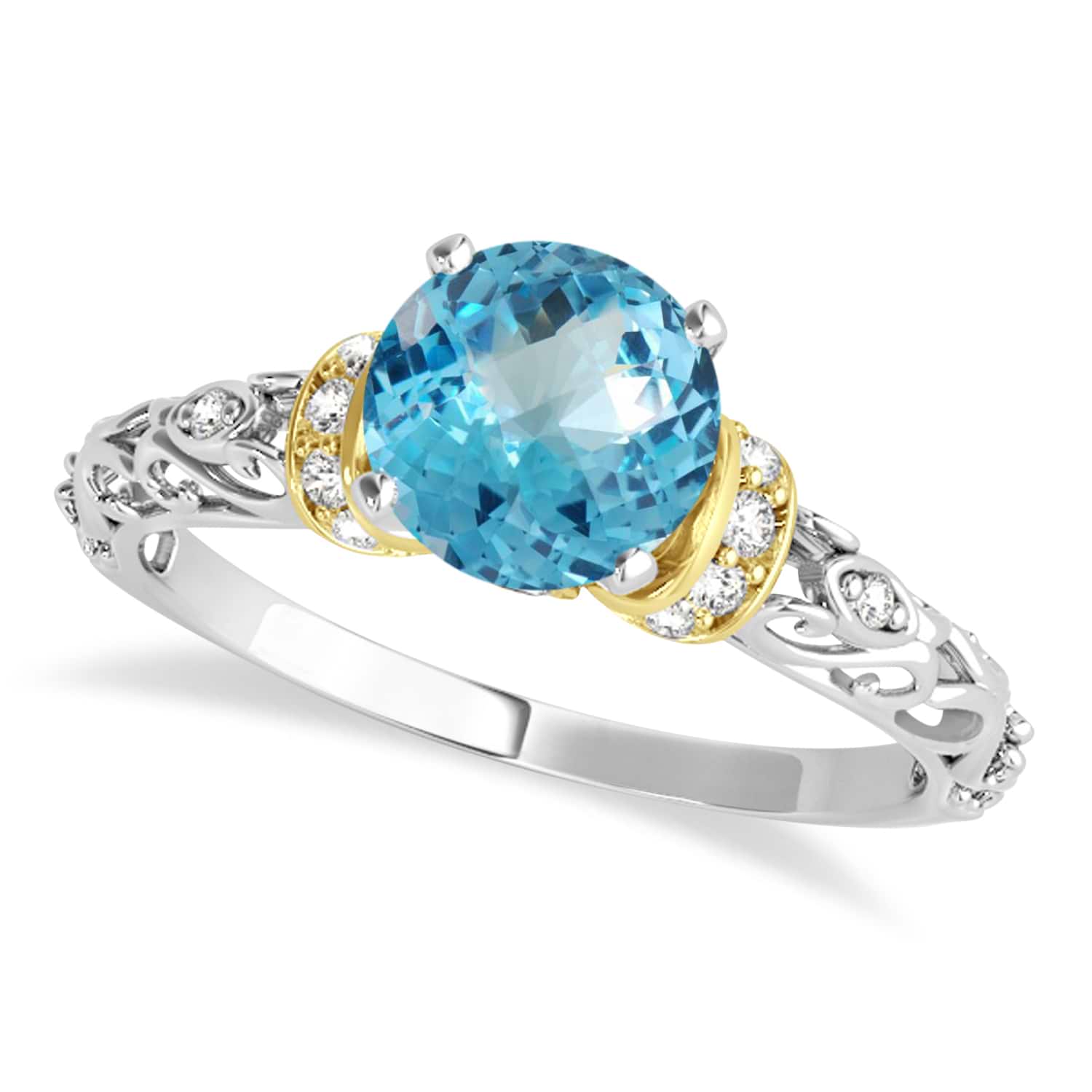 Blue Topaz & Diamond Antique Style Engagement Ring 18k Two-Tone Gold (0.87ct)
