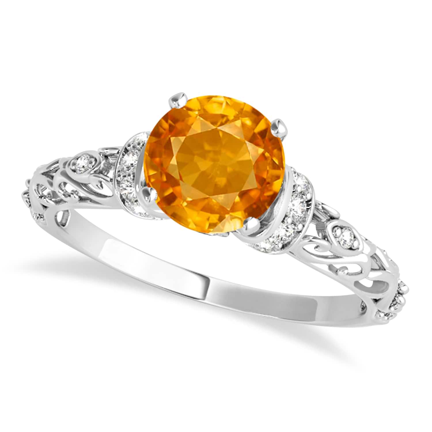 Citrine & Diamond Antique Style Engagement Ring 14k White Gold (1.12ct)