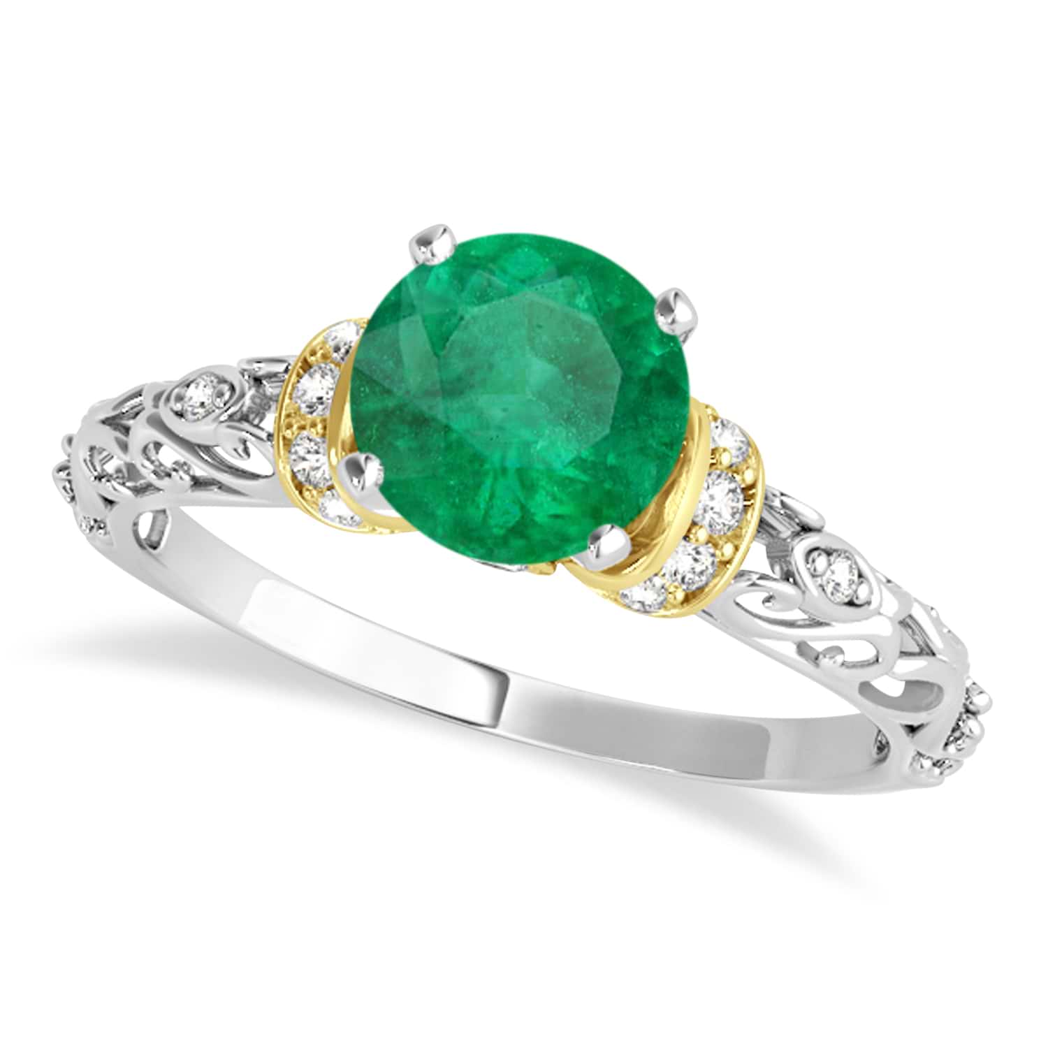Emerald & Diamond Antique Style Engagement Ring 18k Two-Tone Gold (0.87ct)