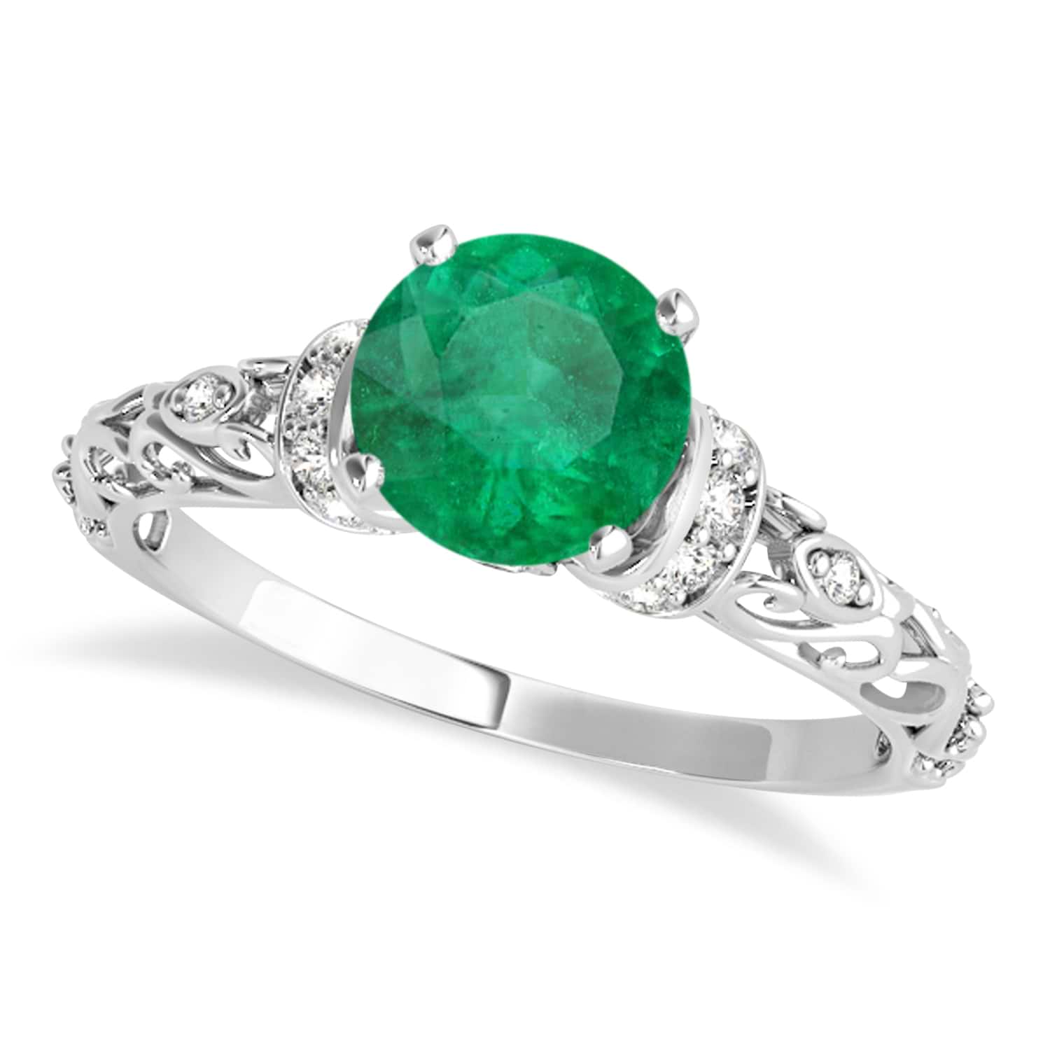 Emerald & Diamond Antique Style Engagement Ring 14k White Gold (1.12ct)