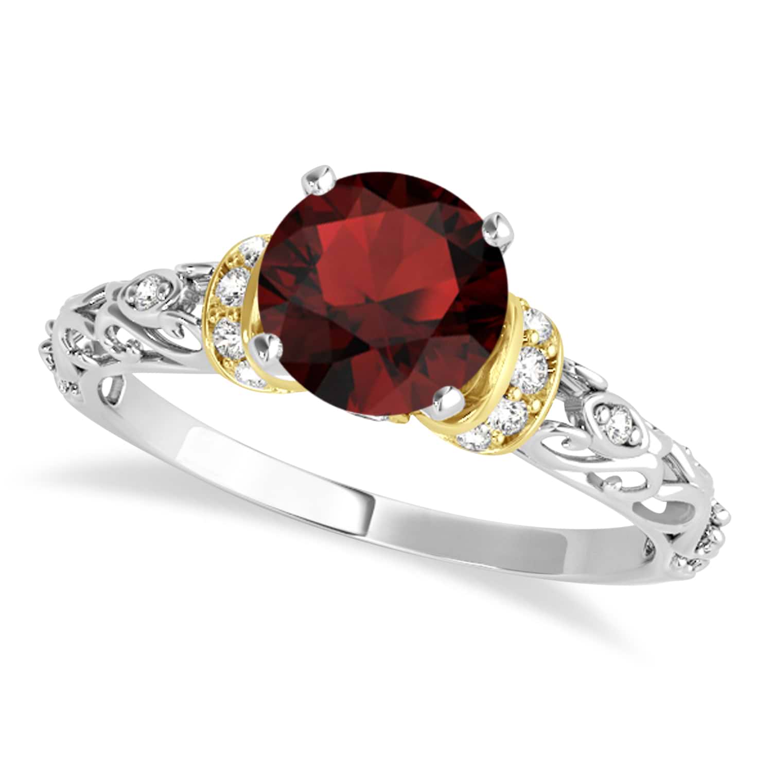 Garnet & Diamond Antique Style Engagement Ring 14k Two-Tone Gold (0.87ct)