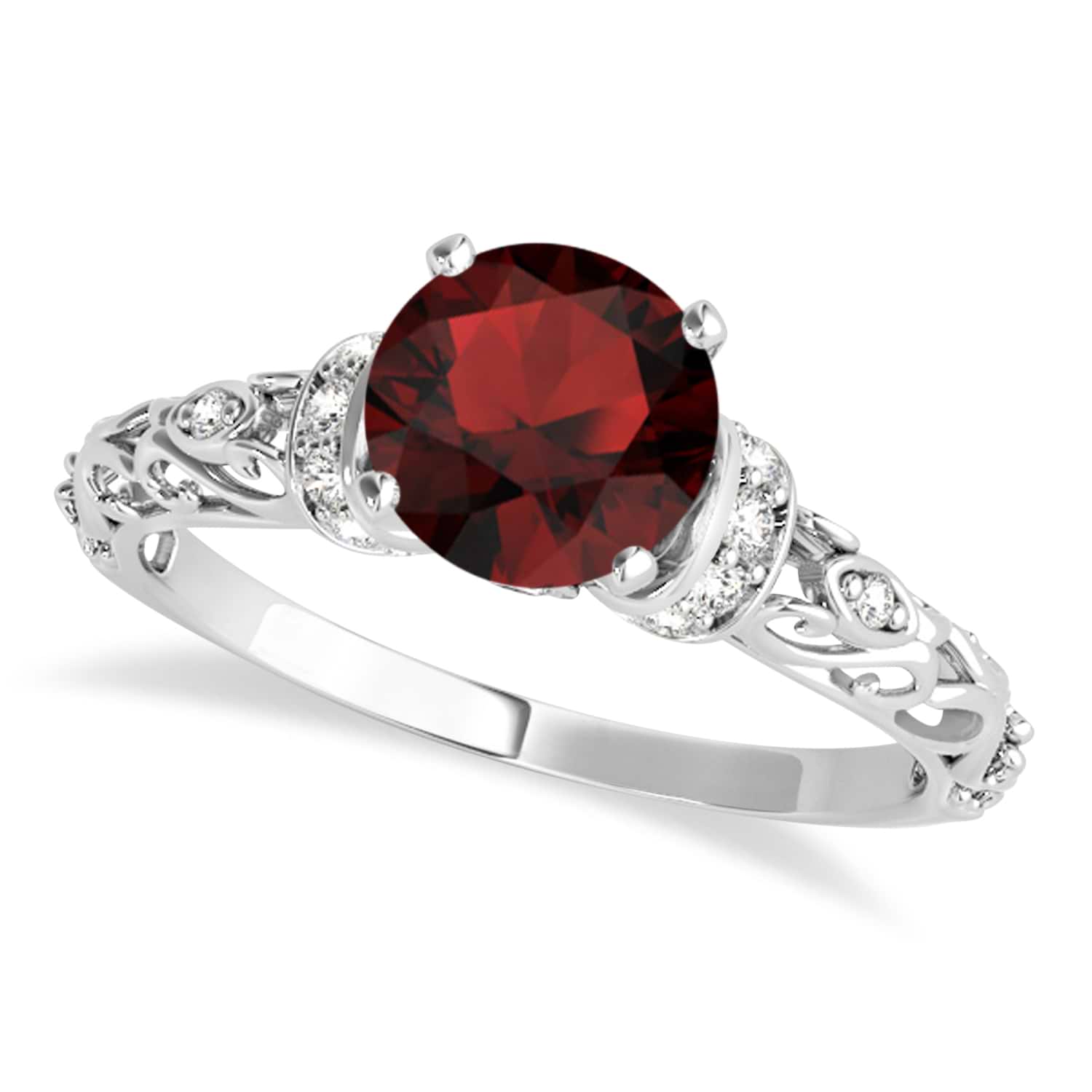 Garnet & Diamond Antique Style Engagement Ring 18k White Gold (0.87ct)