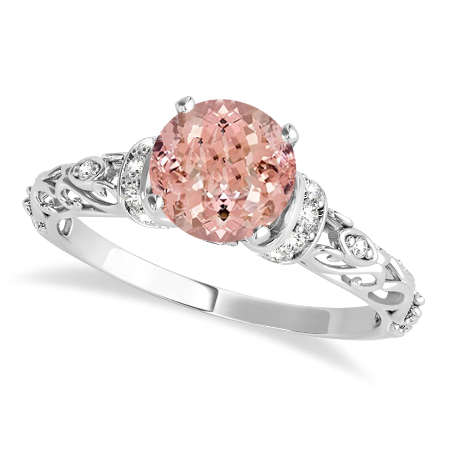 Morganite & Diamond Antique Style Engagement Ring 14k White Gold (0.87ct)