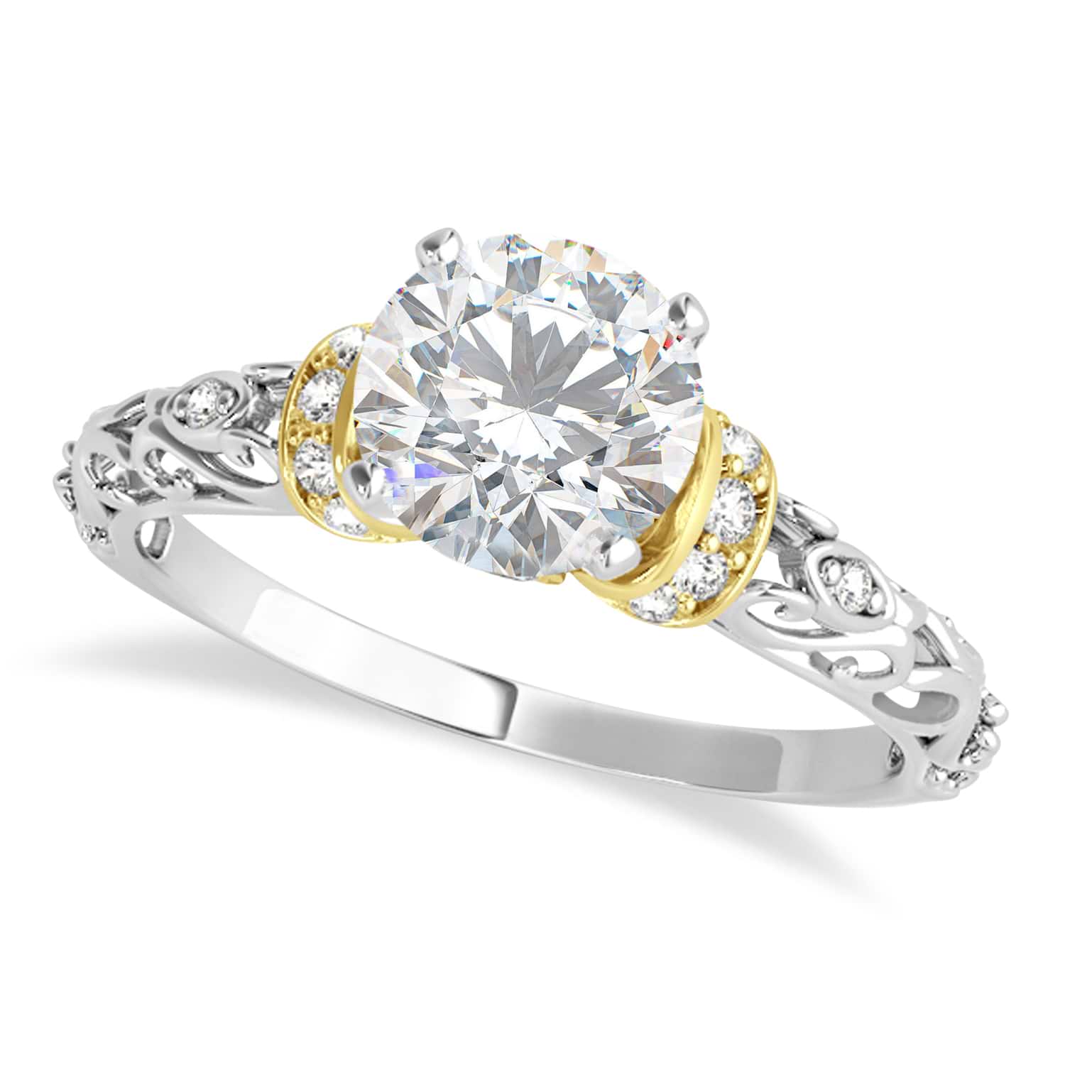 Moissanite & Diamond Antique Style Engagement Ring 18k Two-Tone Gold (0.87ct)