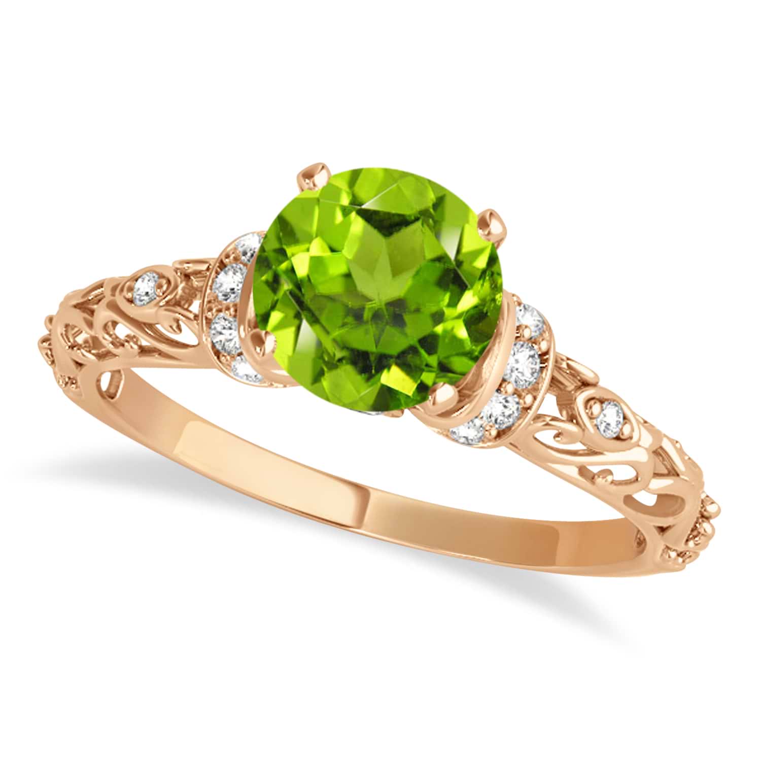 Peridot & Diamond Antique Style Engagement Ring 14k Rose Gold (0.87ct)
