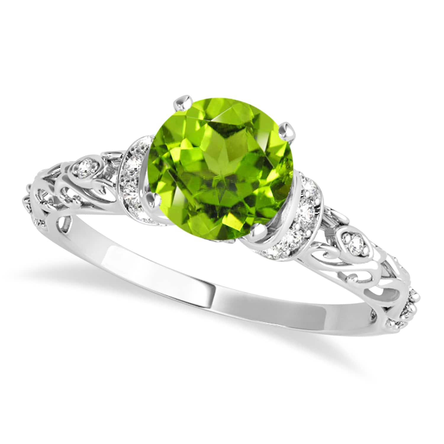 Peridot & Diamond Antique Style Engagement Ring 14k White Gold (0.87ct)