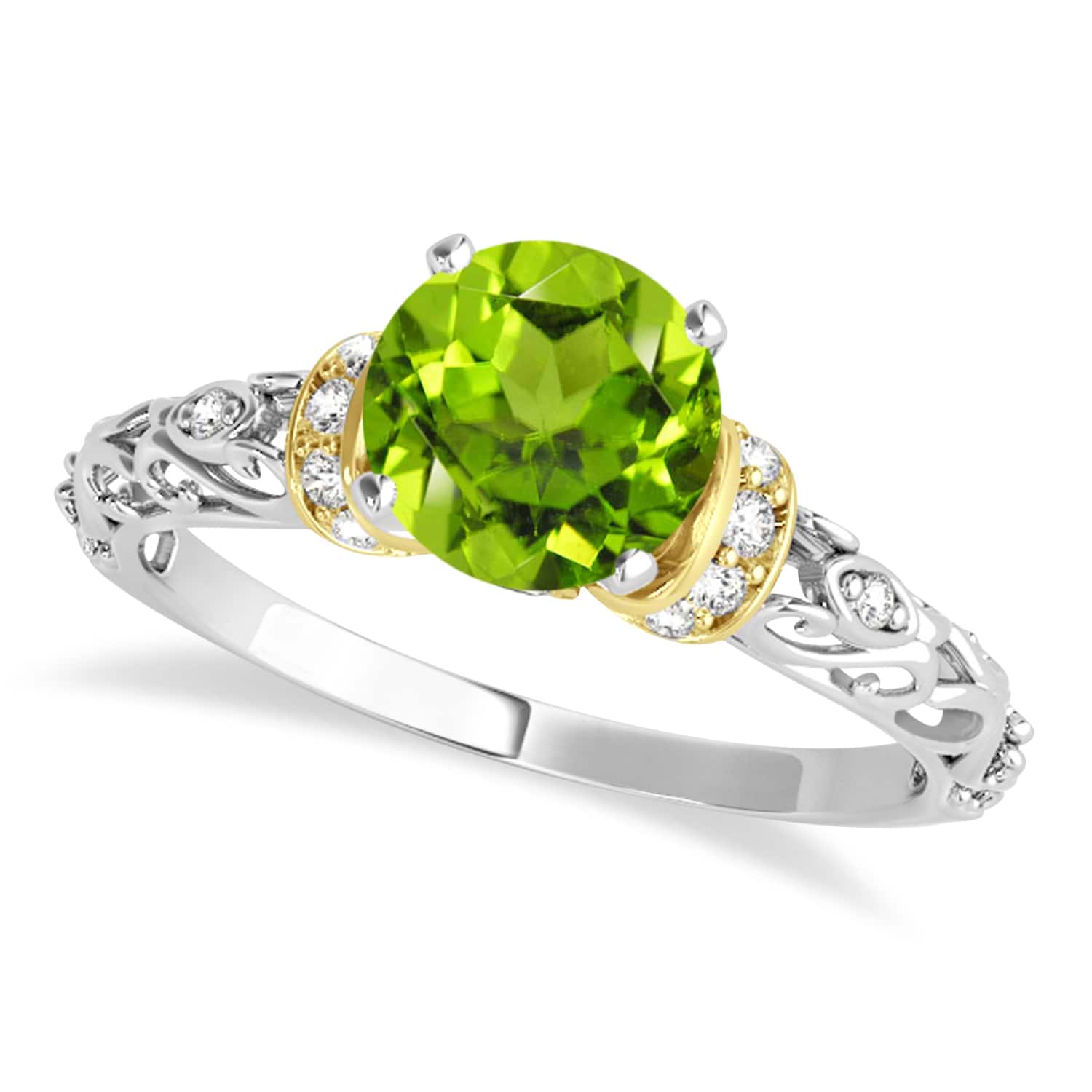 Peridot & Diamond Antique Style Engagement Ring 14k Two-Tone Gold (0.87ct)