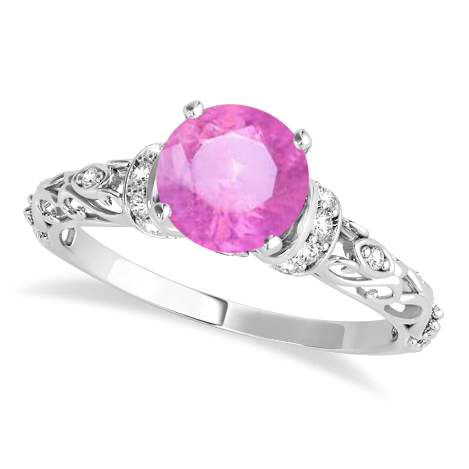 Pink Sapphire & Diamond Antique Style Engagement Ring 14k White Gold (0.87ct)