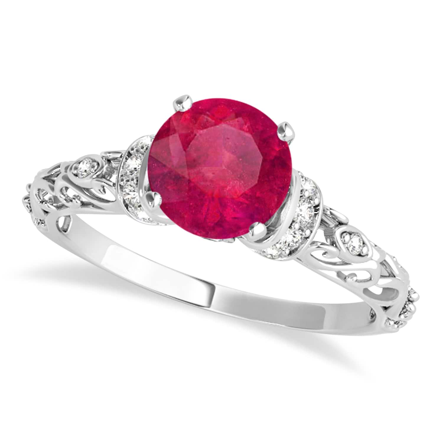 Ruby & Diamond Antique Style Engagement Ring 14k White Gold (0.87ct)