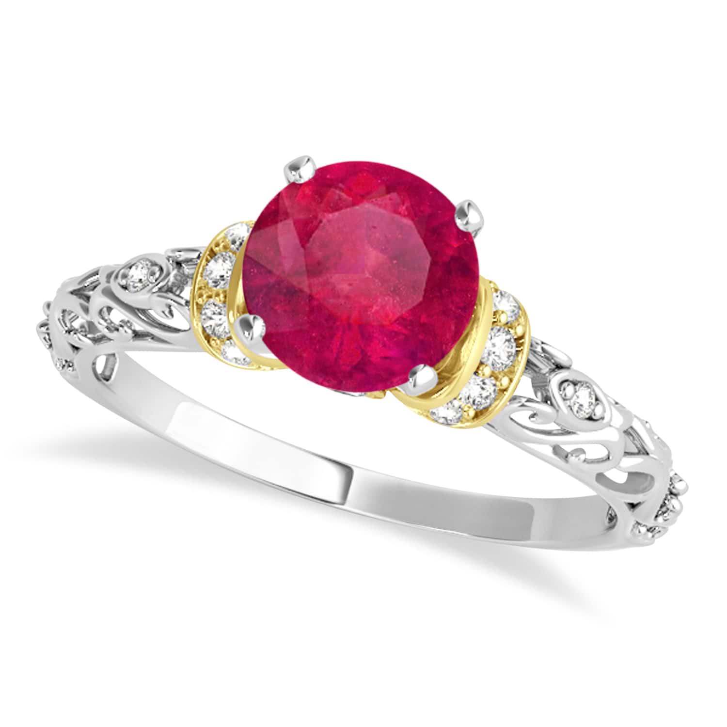Ruby & Diamond Antique Style Engagement Ring 14k Two-Tone Gold (0.87ct)