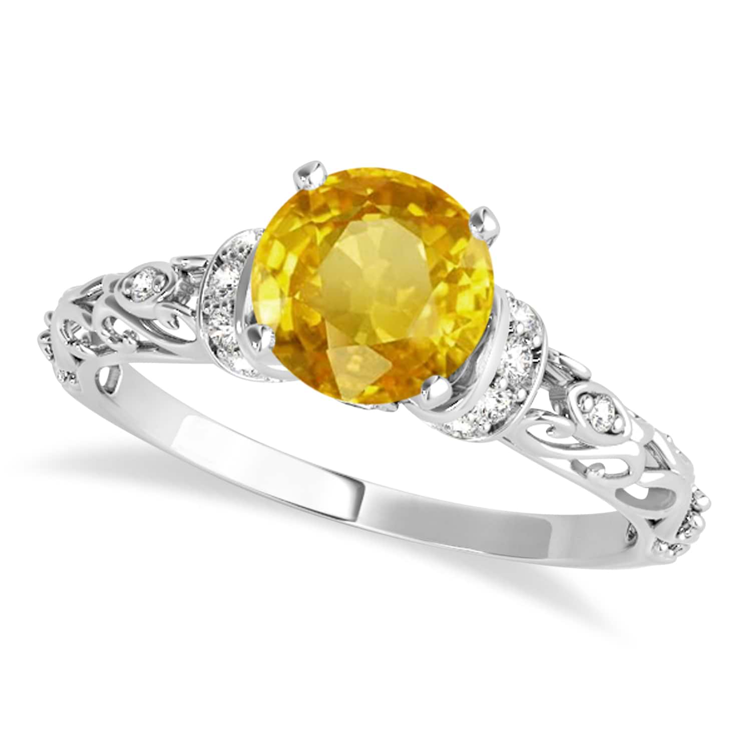 Yellow Sapphire & Diamond Antique Style Engagement Ring 18k White Gold (1.12ct)