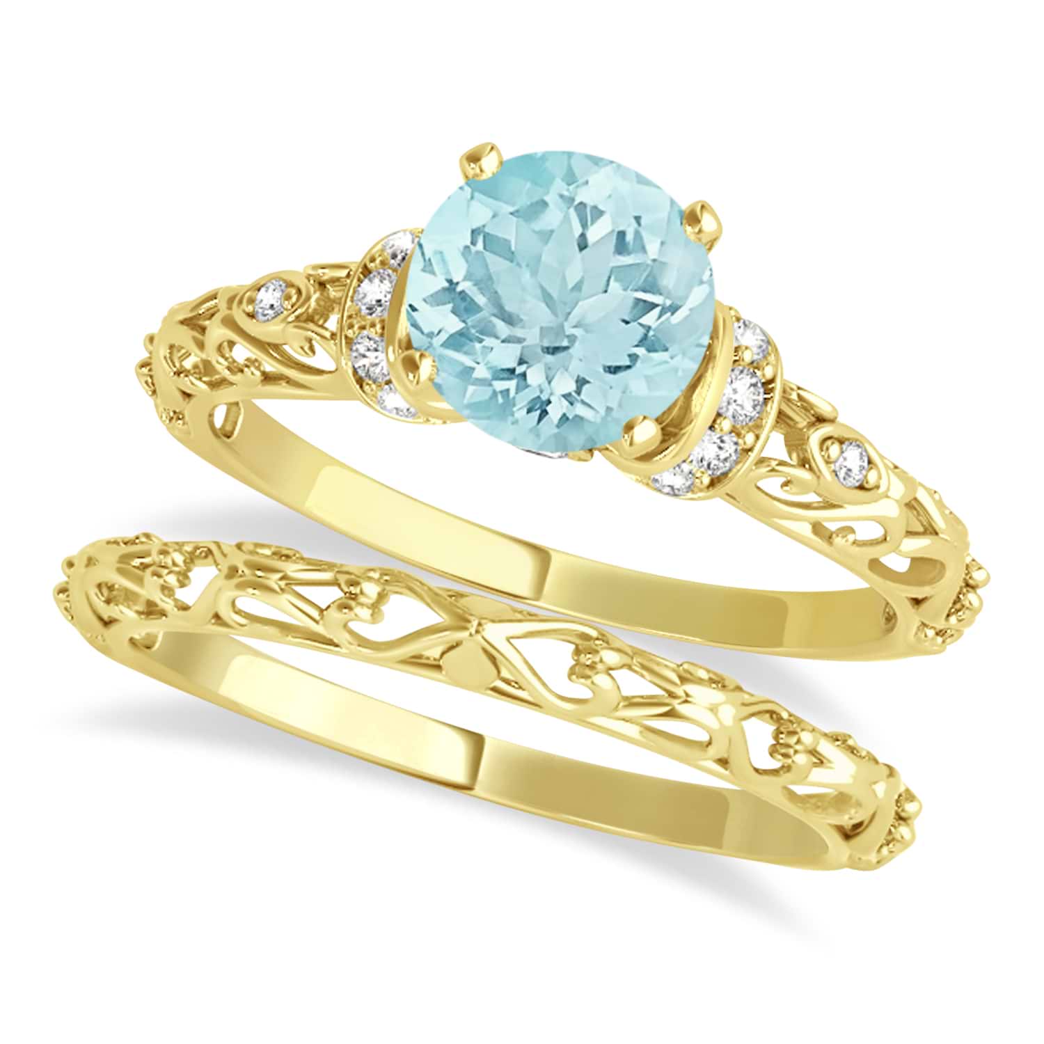 Aquamarine & Diamond Antique Style Bridal Set 14k Yellow Gold (1.12ct)