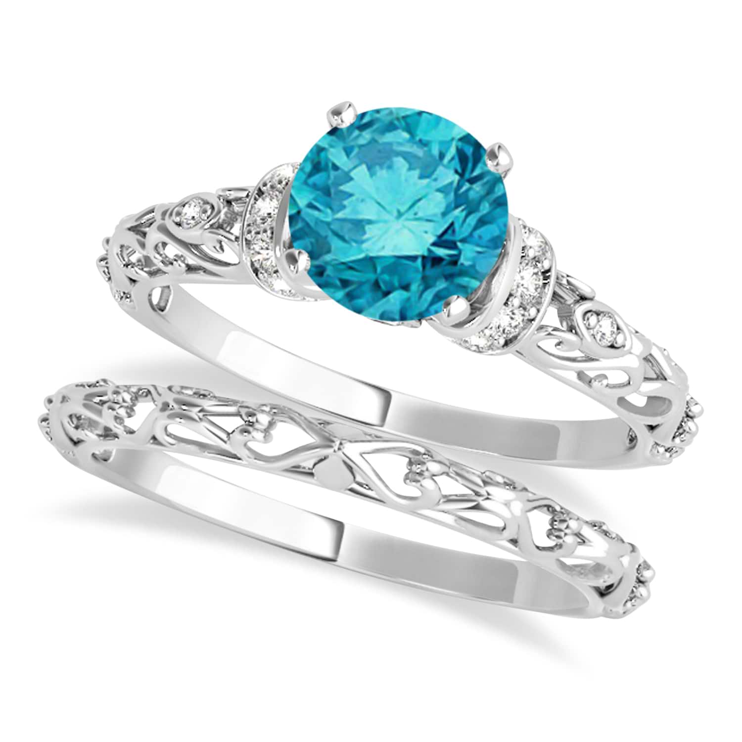 Blue Diamond & Diamond Antique Style Bridal Set 14k White Gold (0.87ct)