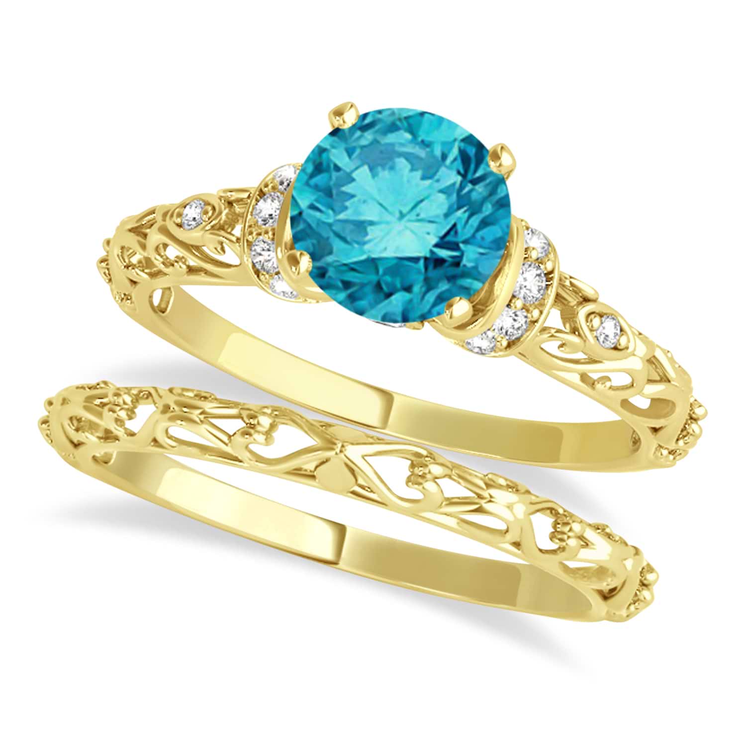 Blue Diamond & Diamond Antique Bridal Set 14k Yellow Gold (1.12ct)