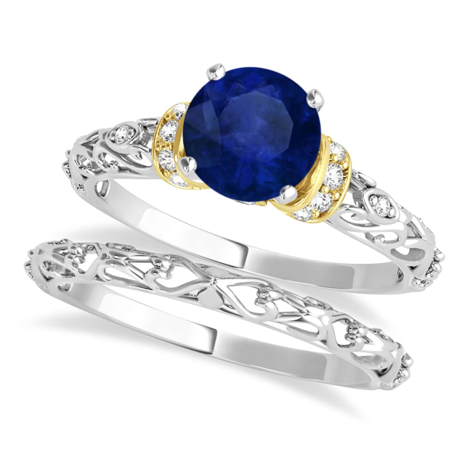 Blue Sapphire & Diamond Antique Style Bridal Set 14k Two-Tone Gold (0.87ct)