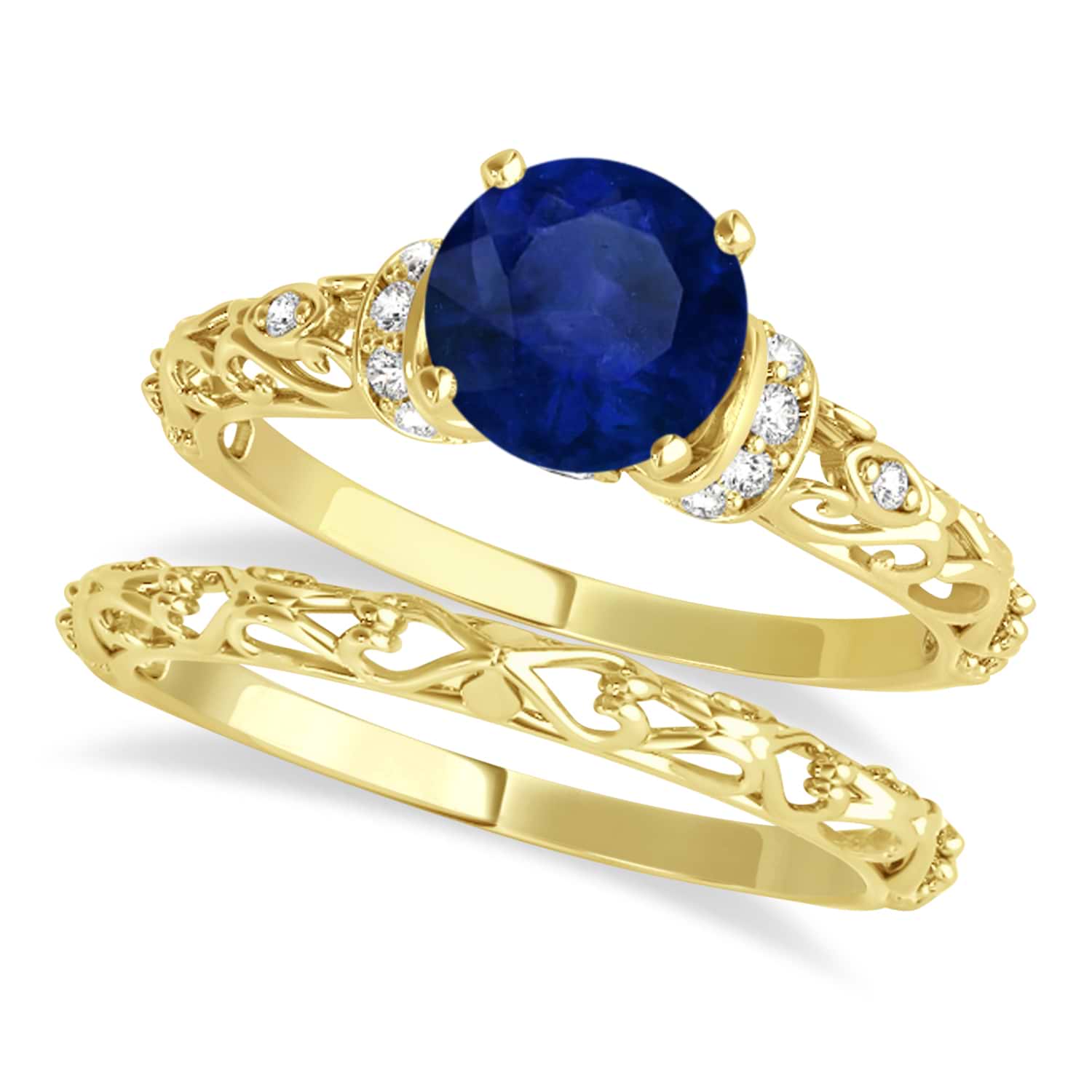 Blue Sapphire & Diamond Antique Bridal Set 14k Yellow Gold (1.62ct)