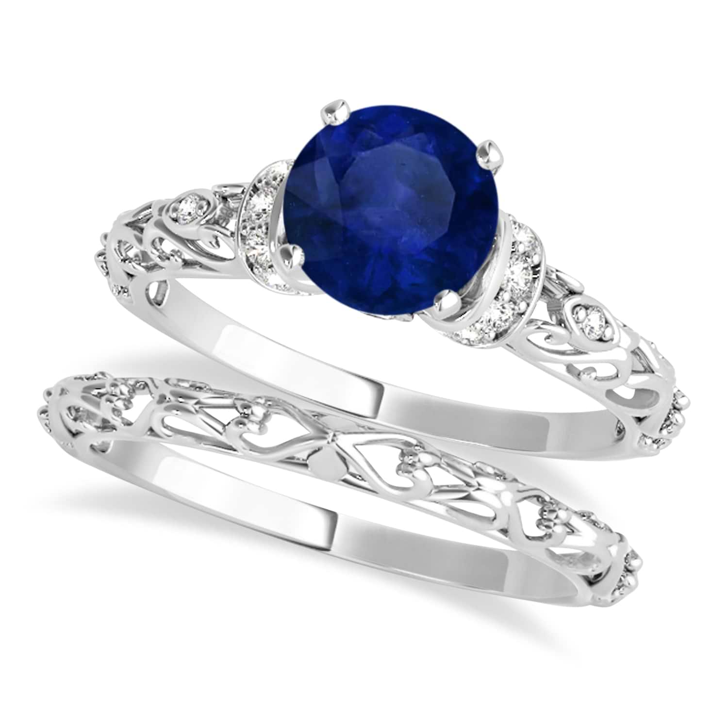 Blue Sapphire & Diamond Antique Style Bridal Set 18k White Gold (1.62ct)