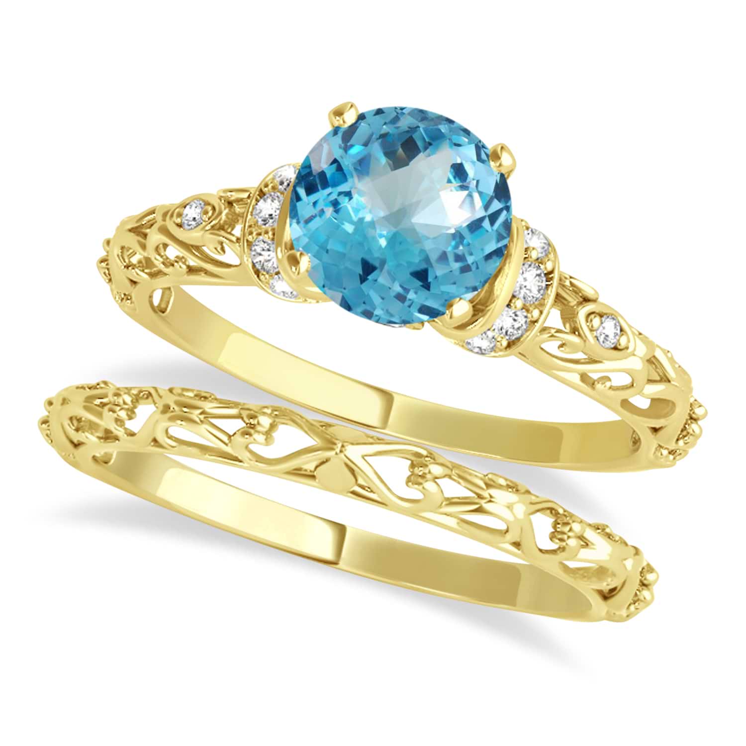 Blue Topaz & Diamond Antique Style Bridal Set 14k Yellow Gold (1.12ct)