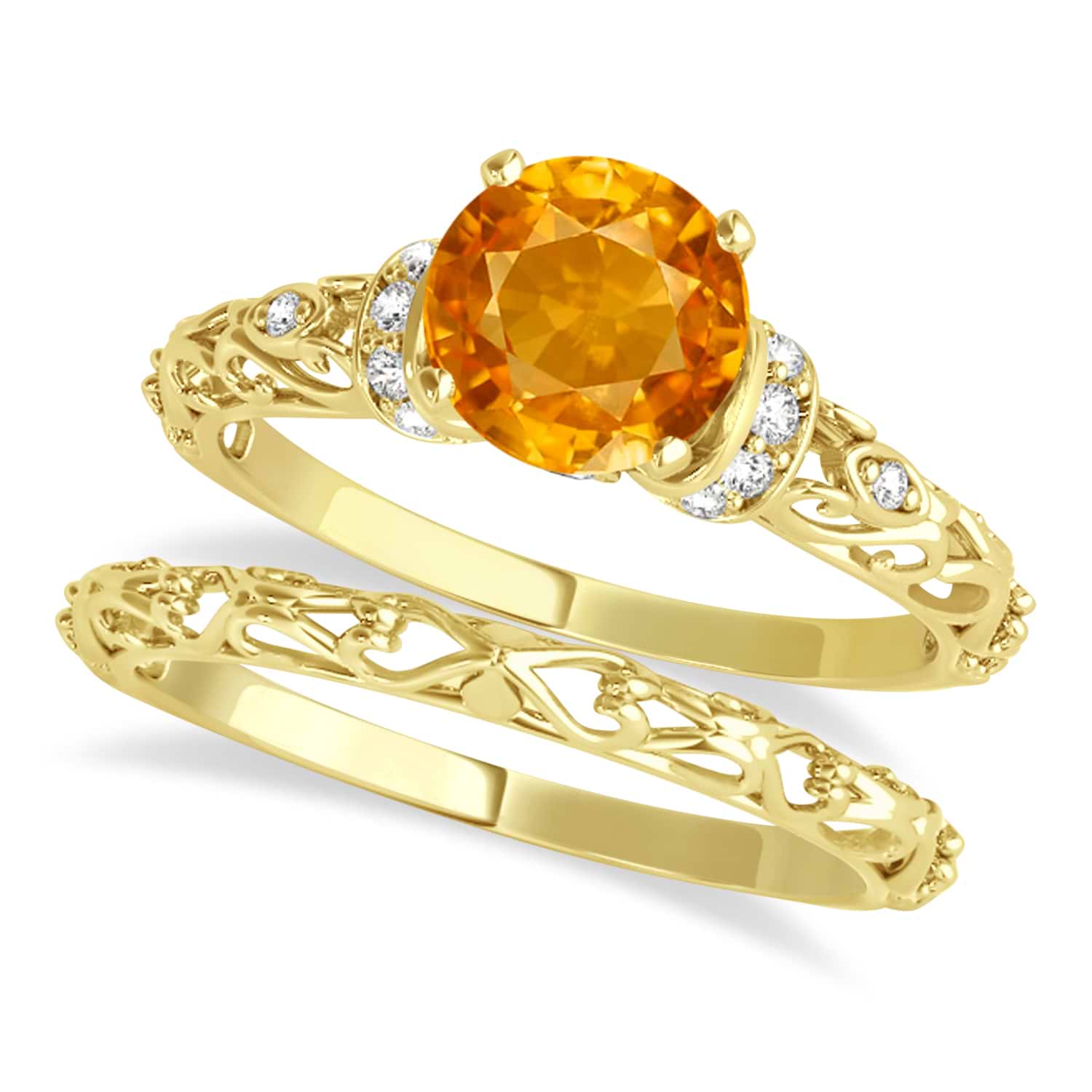 Citrine & Diamond Antique Style Bridal Set 14k Yellow Gold (1.12ct)