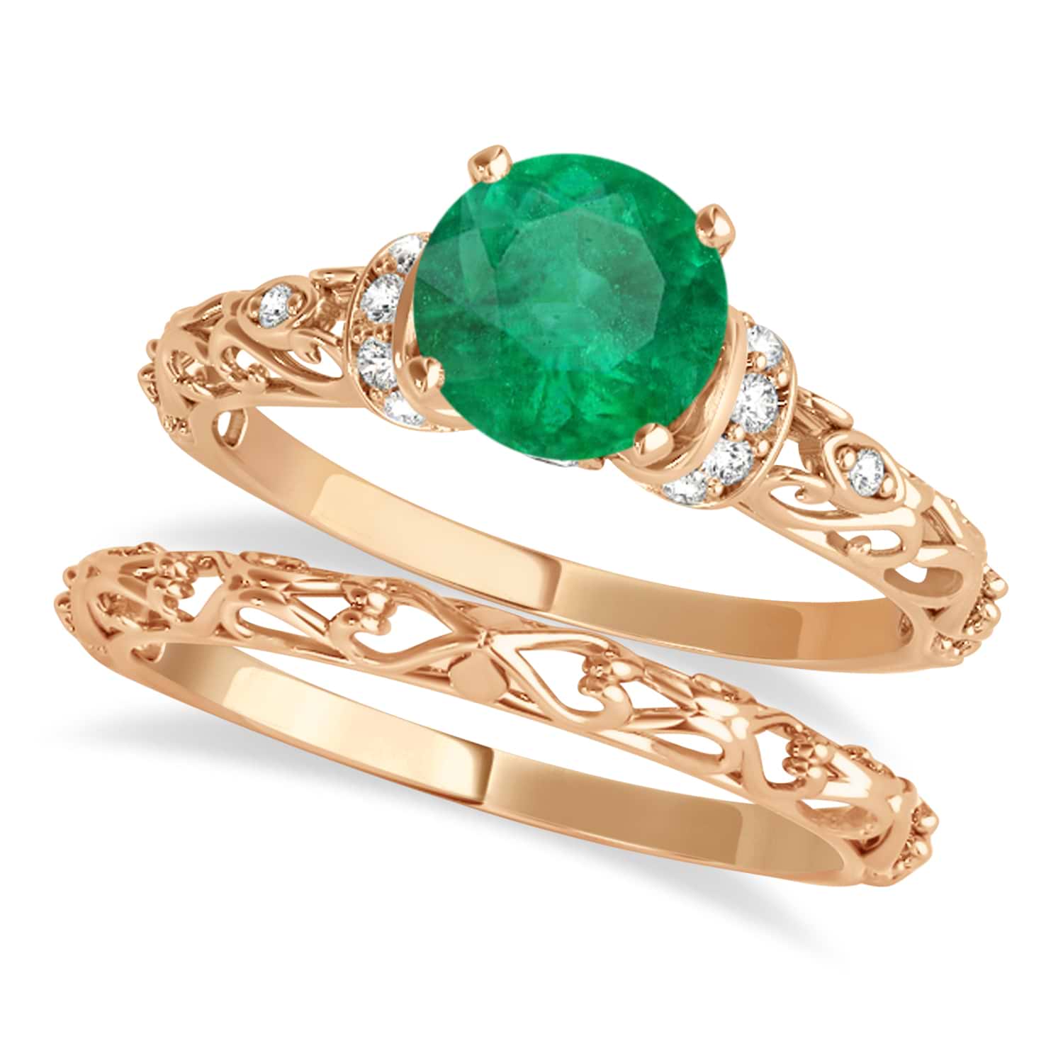 Emerald & Diamond Antique Style Bridal Set 14k Rose Gold (1.12ct)
