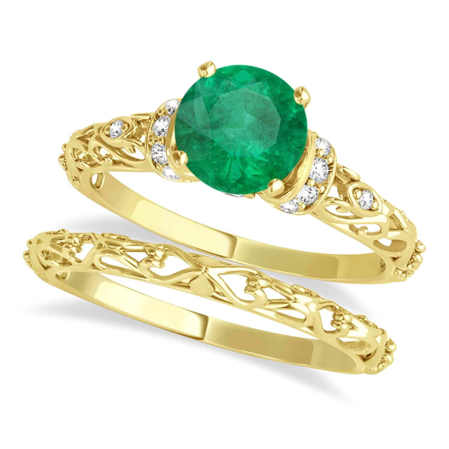 Emerald & Diamond Antique Style Bridal Set 14k Yellow Gold (1.62ct)