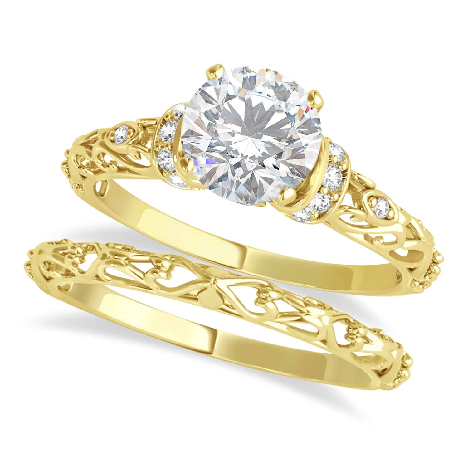 Moissanite & Diamond Antique Style Bridal Set 14k Yellow Gold (0.87ct)