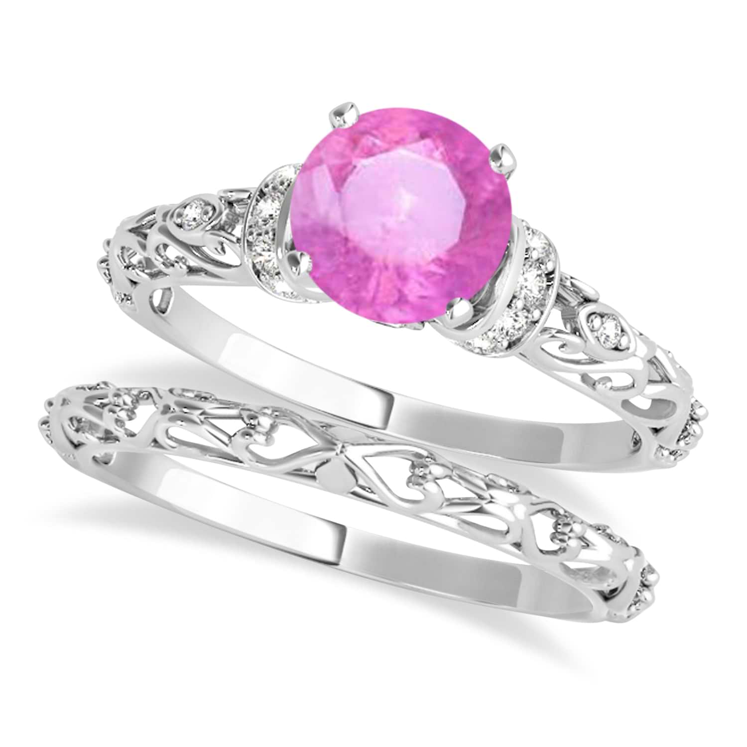 Pink Sapphire & Diamond Antique Style Bridal Set 18k White Gold (1.12ct)