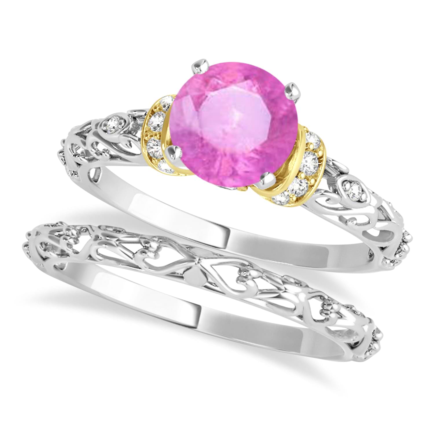 Pink Sapphire & Diamond Antique Style Bridal Set 18k Two-Tone Gold (1.12ct)