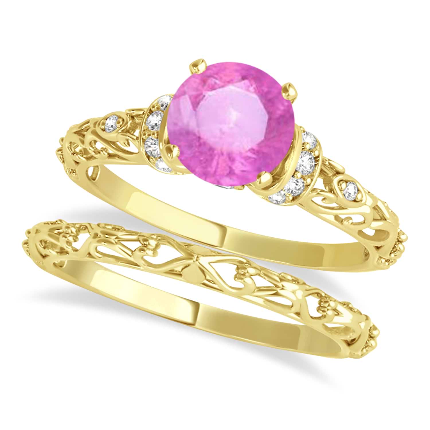 Pink Sapphire & Diamond Antique Bridal Set 14k Yellow Gold (1.62ct)